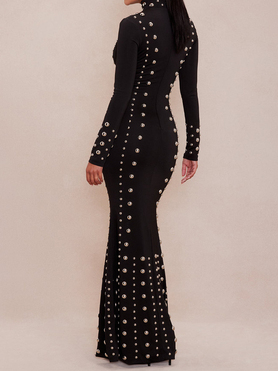 Elegant Mock Neck Studded Maxi Dress