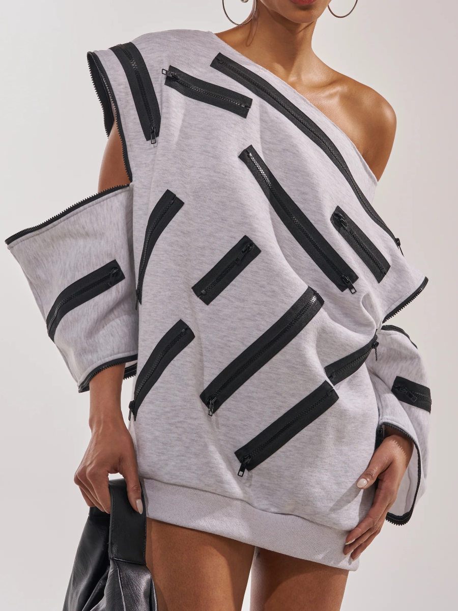 FASHION ZIP OFF SHOULDER SWEATSHIRT DRESS